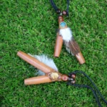 Necklace Kuripe Self Applicator | Made of Algarrobo | Decorated with Peruvian Turquoise, Domestic Feather and A piece of Aya Vine