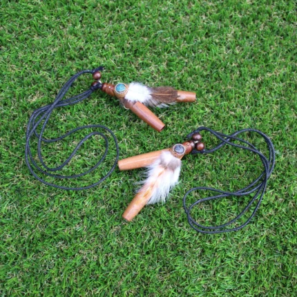 Necklace Kuripe Self Applicator | Made of Algarrobo | Decorated with Peruvian Turquoise, Domestic Feather and A piece of Aya Vine