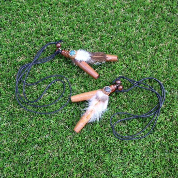 Necklace Kuripe Self Applicator | Made of Algarrobo | Decorated with Peruvian Turquoise, Domestic Feather and A piece of Aya Vine