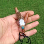 Necklace Kuripe Self Applicator | Made of Algarrobo | Decorated with Peruvian Turquoise, Domestic Feather and A piece of Aya Vine