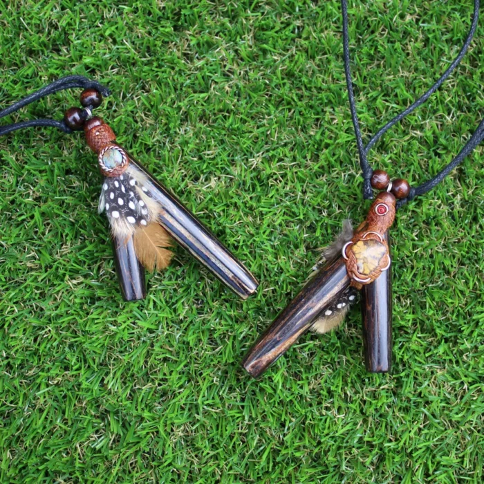 Chonta Kuripe and Tepi Set | Necklace Kuripe | Decorated with Aya Vine, Domestic Feather and Peruvian Turquoise