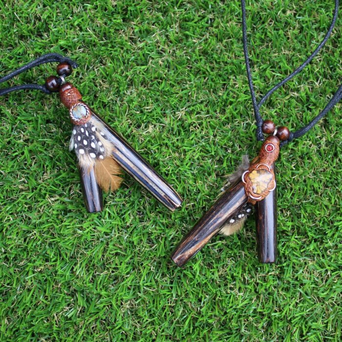 Chonta Necklace Kuripe Self Applicator | Made of Chonta Wood | Decorated with Peruvian Turquoise, Domestic Feather and A piece of Aya Vine