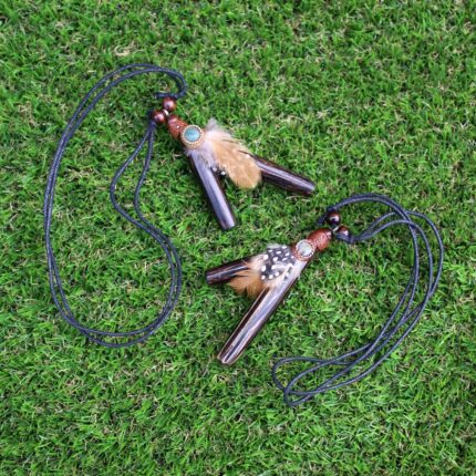 Chonta Necklace Kuripe Self Applicator | Made of Chonta Wood | Decorated with Peruvian Turquoise, Domestic Feather and A piece of Aya Vine