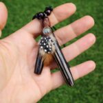 Chonta Necklace Kuripe Self Applicator | Made of Chonta Wood | Decorated with Peruvian Turquoise, Domestic Feather and A piece of Aya Vine