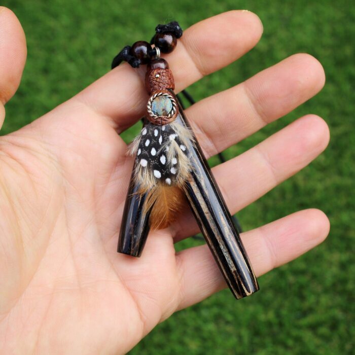 Chonta Necklace Kuripe Self Applicator | Made of Chonta Wood | Decorated with Peruvian Turquoise, Domestic Feather and A piece of Aya Vine