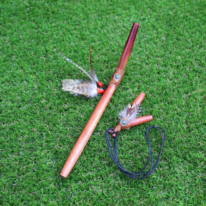 Kuripe Tepi Set | Necklace Kuripe | Made of Palo Sangre | Decorated with Aya Vine, Domestic Feather and Peruvian Turquoise