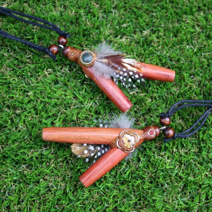 Kuripe Tepi Set | Necklace Kuripe | Made of Palo Sangre | Decorated with Aya Vine, Domestic Feather and Peruvian Turquoise