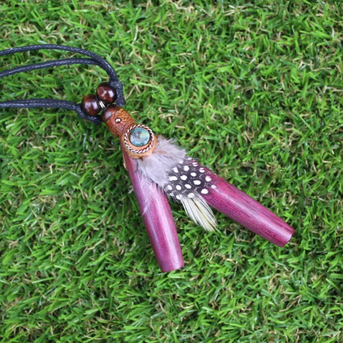 Rose Wood Necklace Kuripe Self Applicator | Decorated with Peruvian Turquoise, Domestic Feather and A piece of Aya Vine