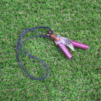 Rose Wood Necklace Kuripe Self Applicator | Decorated with Peruvian Turquoise, Domestic Feather and A piece of Aya Vine