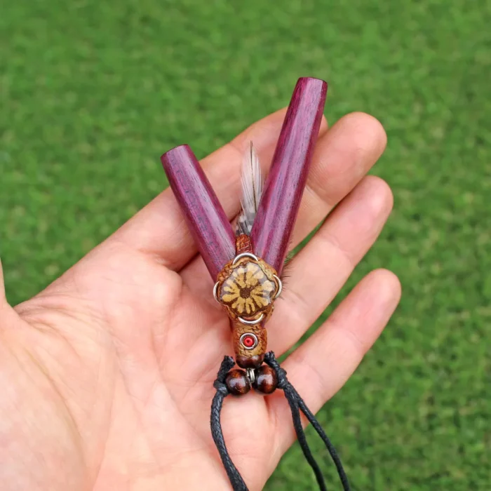 Rose Wood Necklace Kuripe Self Applicator | Decorated with Peruvian Turquoise, Domestic Feather and A piece of Aya Vine