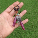 Rose Wood Necklace Kuripe Self Applicator | Decorated with Peruvian Turquoise, Domestic Feather and A piece of Aya Vine