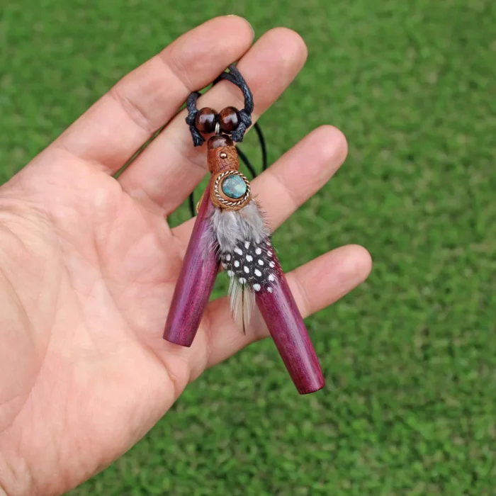 Rose Wood Necklace Kuripe Self Applicator | Decorated with Peruvian Turquoise, Domestic Feather and A piece of Aya Vine