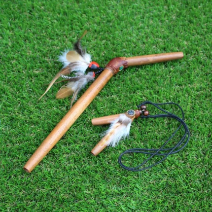 Kuripe Tepi Set | Necklace Kuripe | Made of Algarrobo | Decorated with Aya Vine, Domestic Feather and Peruvian Turquoise