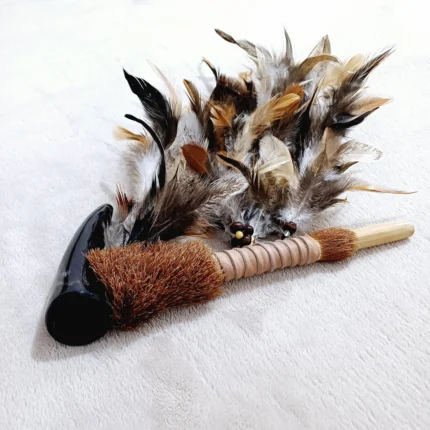 Ceremonial Pipe ( Calumet ) Made of Bamboo and Goat Horn | Decorated with Turkey Feather