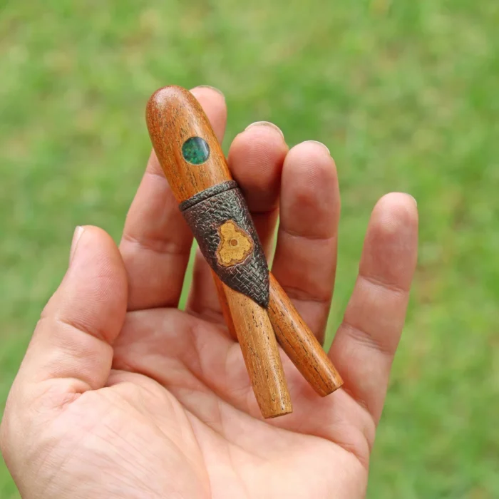 Double Nostril Kuripe Self Applicator | Made of Algarrobo | Decorated with Peruvian Turquoise and a piece of Aya Vine