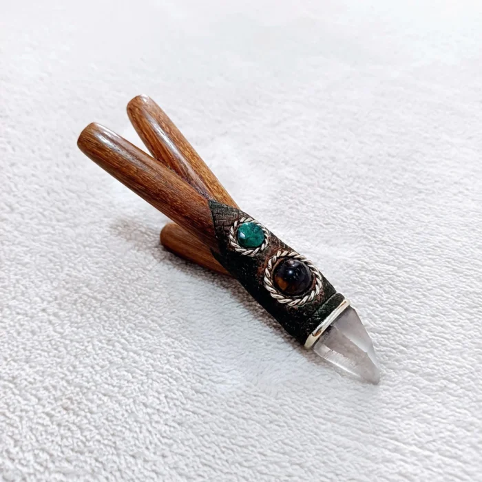 Double Nostril Kuripe ~ Kuripi Self Applicator Made of Madera Negra Decorated Peruvian Turquoise, Tiger Eye and Clear Quartz