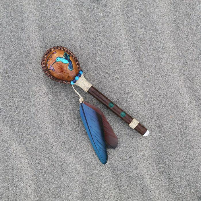 Hummingbird Rattle Decorated with Beads, Macaw Feather and Peruvian Turquoise | Shamanic Rattle from Peru | Handle part made of Madera Negra