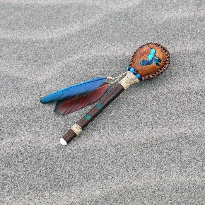 Hummingbird Rattle Decorated with Beads, Macaw Feather and Peruvian Turquoise | Shamanic Rattle from Peru | Handle part made of Madera Negra