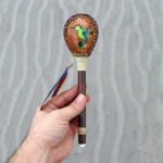 Hummingbird Rattle Decorated with Beads, Macaw Feather and Peruvian Turquoise | Shamanic Rattle from Peru | Handle part made of Madera Negra