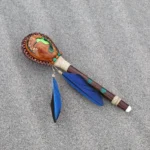 Hummingbird Rattle Decorated with Beads, Macaw Feather and Peruvian Turquoise | Shamanic Rattle from Peru | Handle part made of Madera Negra