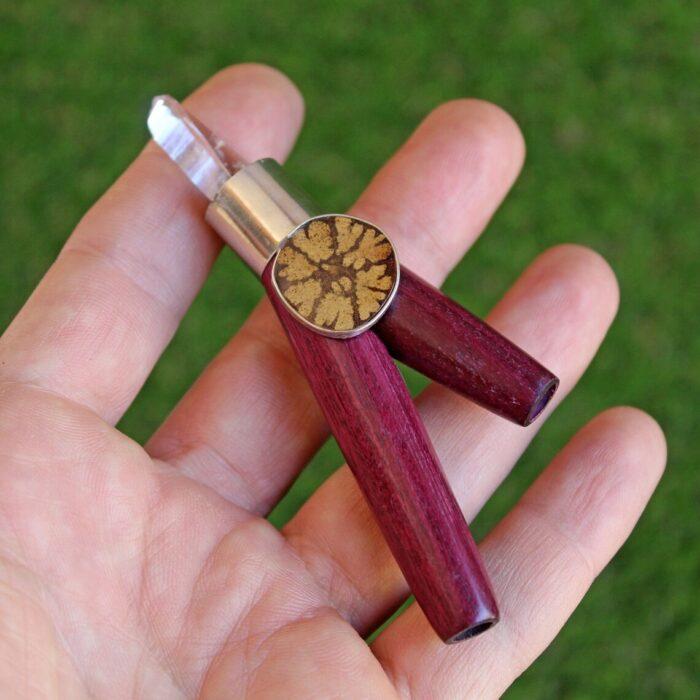 Kuripe ~ Kuripi Self Applicator | Made of Rose Wood | Decorated with A piece of Aya Vine, Peruvian Turquoise Stone and Clear Quartz