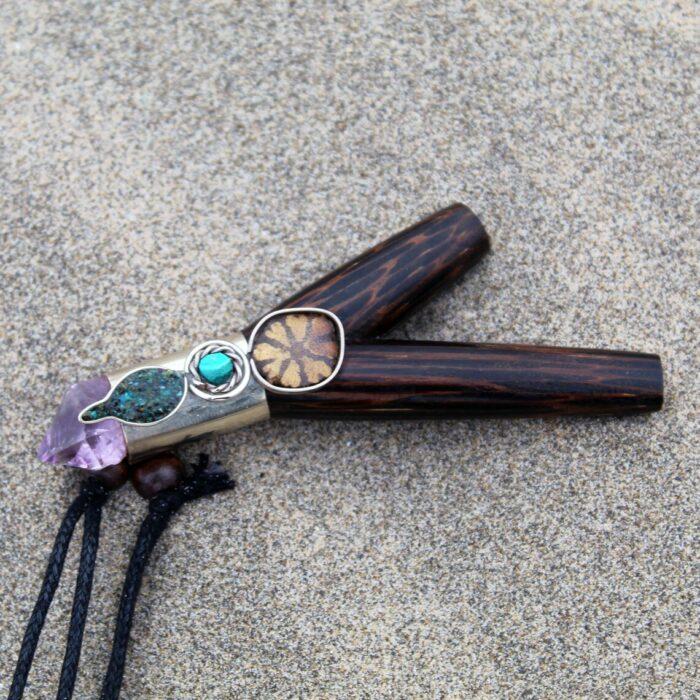 Necklace Kuripe Self Applicator made of Chonta Wood | Decorated with A piece of Amazon Wood, Peruvian Turquoise Stone and Amethyst