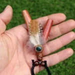 Necklace Kuripe Self Applicator | Made of Palo Sangre | Decorated with Peruvian Turquoise, Domestic Feather and A piece of Aya Vine