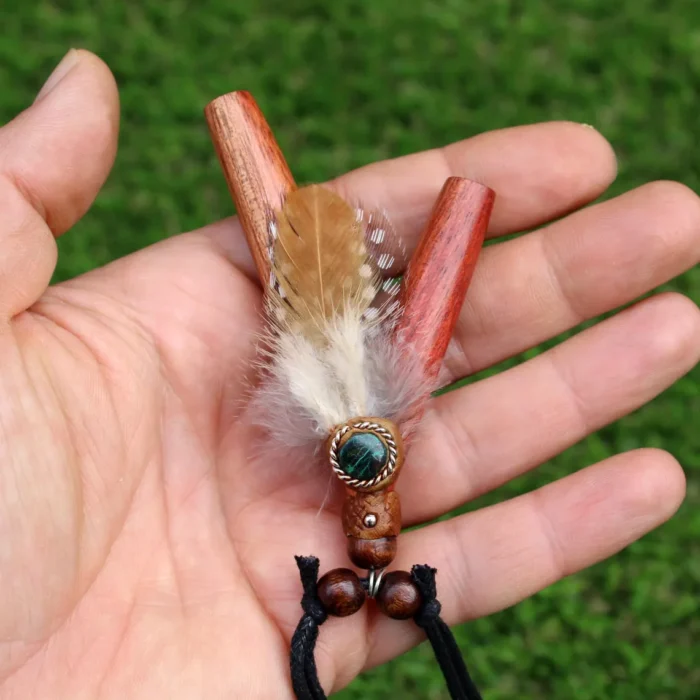 Necklace Kuripe Self Applicator | Made of Palo Sangre | Decorated with Peruvian Turquoise, Domestic Feather and A piece of Aya Vine