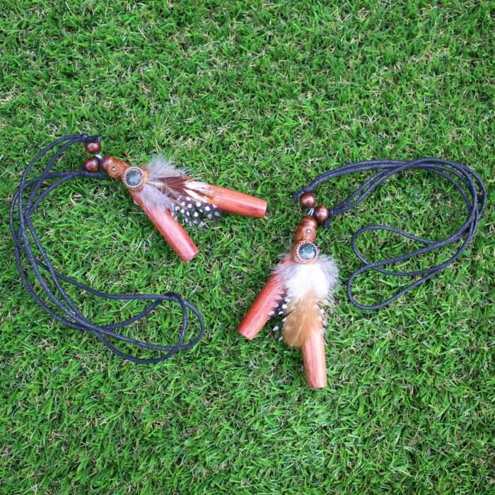 Necklace Kuripe Self Applicator | Made of Palo Sangre | Decorated with Peruvian Turquoise, Domestic Feather and A piece of Aya Vine