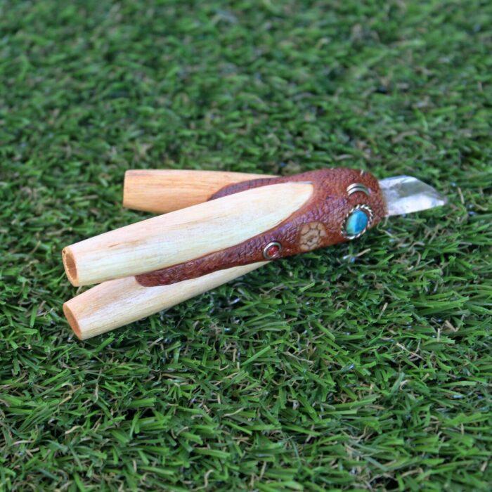 Palo Santo Double Nostril Kuripe ~ Kuripi Self Applicator | Decorated Peruvian Turquoise, Aya Vine and Clear Quartz