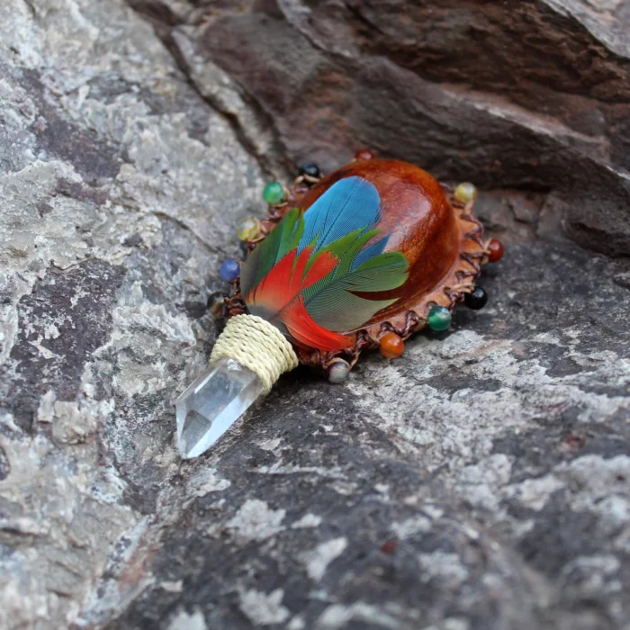 Shamanic Ceremonial Rattle - Maracas | Decorated with Macaw Feather | Handle part made of Clear Quartz