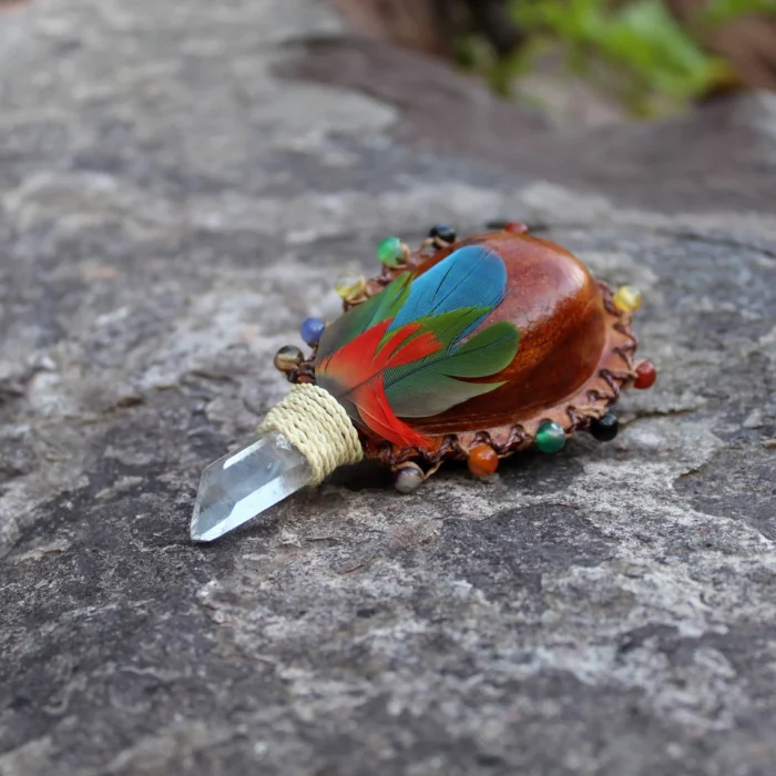 Shamanic Ceremonial Rattle - Maracas | Decorated with Macaw Feather | Handle part made of Clear Quartz