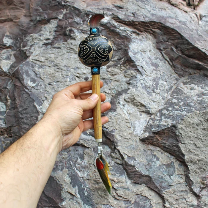 Shipibo Kené Pattern Shamanic Rattle ( Maracas ) from Peru | Handle part made of Aya Vine | Decorated with Peruvian Turquoise