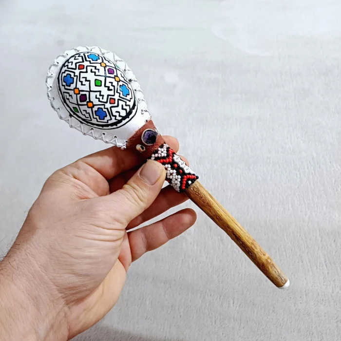 Shipibo Pattern Rattle | Decorated with Shipibo beads and Amethyst | Shamanic Rattle from Peru | Handle part made of Aya Vine