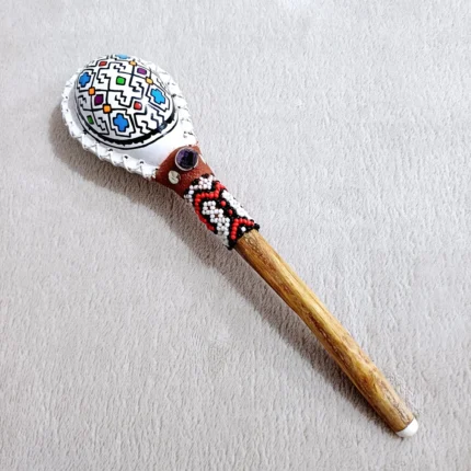 Shipibo Pattern Rattle | Decorated with Shipibo beads and Amethyst | Shamanic Rattle from Peru | Handle part made of Aya Vine