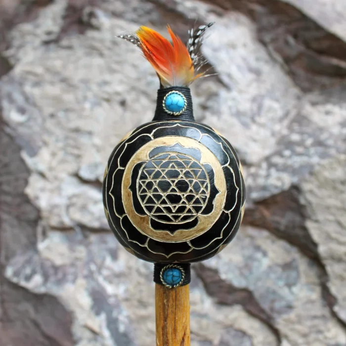 Sri Yantra Pattern Shamanic Rattle ( Maracas ) from Peru | Handle part made of Aya Vine | Decorated with Peruvian Turquoise