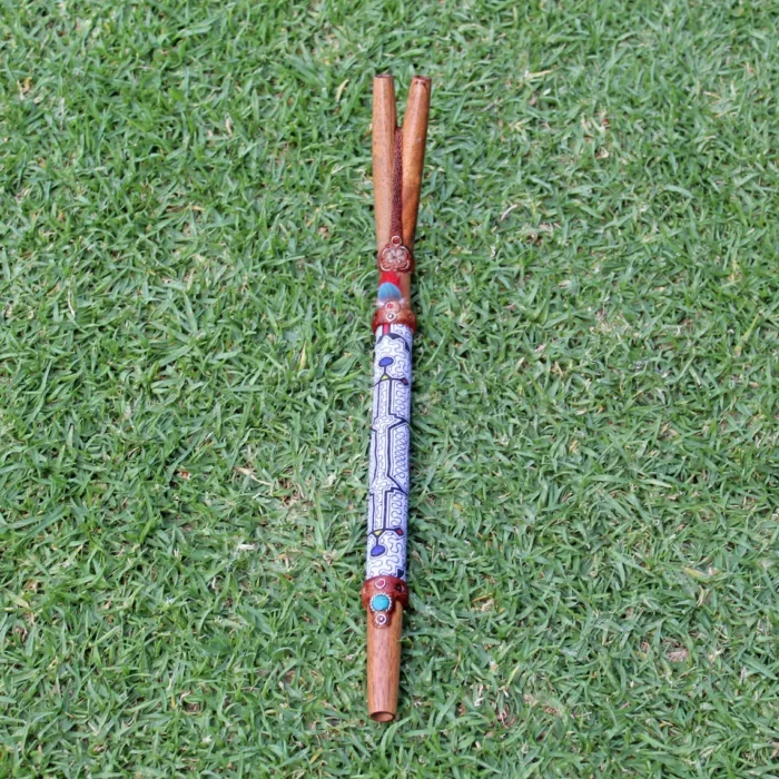 Double Nose Tepi Applicator made of Algarrobo | Decorate Turquoise stone, A piece of Aya Vine and Shipibo Fabric