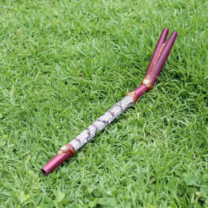 Double Nose Tepi Applicator made of Rose Wood | Decorate Turquoise stone, A piece of Aya Vine and Shipibo Fabric