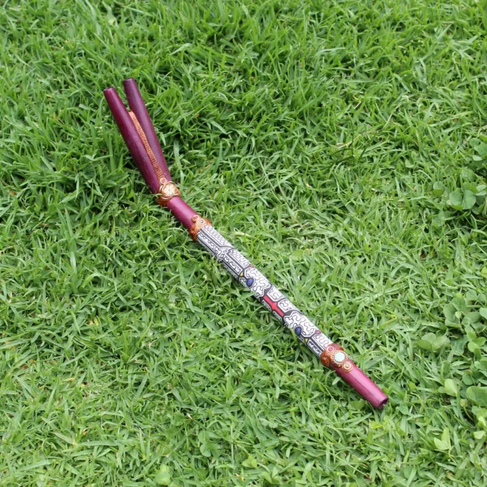 Double Nose Tepi Applicator made of Rose Wood | Decorate Turquoise stone, A piece of Aya Vine and Shipibo Fabric