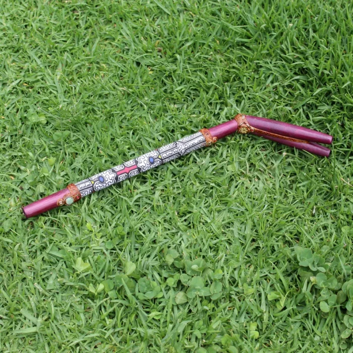 Double Nose Tepi Applicator made of Rose Wood | Decorate Turquoise stone, A piece of Aya Vine and Shipibo Fabric
