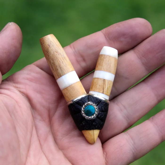 Kuripe ~ Kuripi Self Applicator | Made of Palo Santo and Llama Bone | Decorated with Peruvian Turquoise | From Amazon Rainforest Peru