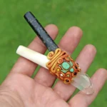 Bone and Machu Picchu Stone Kuripe Self Applicator | Decorated with Clear Quartz, Beads and Peruvian Turquoise Stone