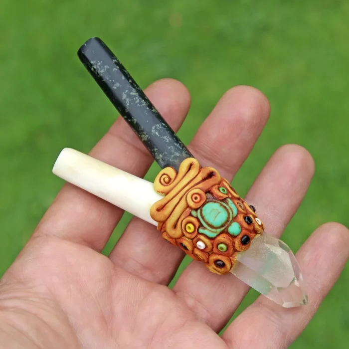 Bone and Machu Picchu Stone Kuripe Self Applicator | Decorated with Clear Quartz, Beads and Peruvian Turquoise Stone