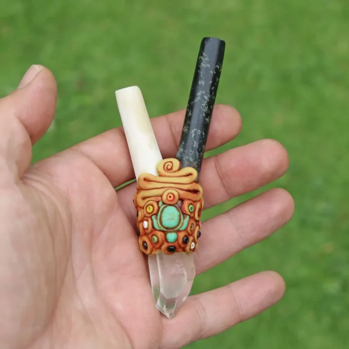Bone and Machu Picchu Stone Kuripe Self Applicator | Decorated with Clear Quartz, Beads and Peruvian Turquoise Stone