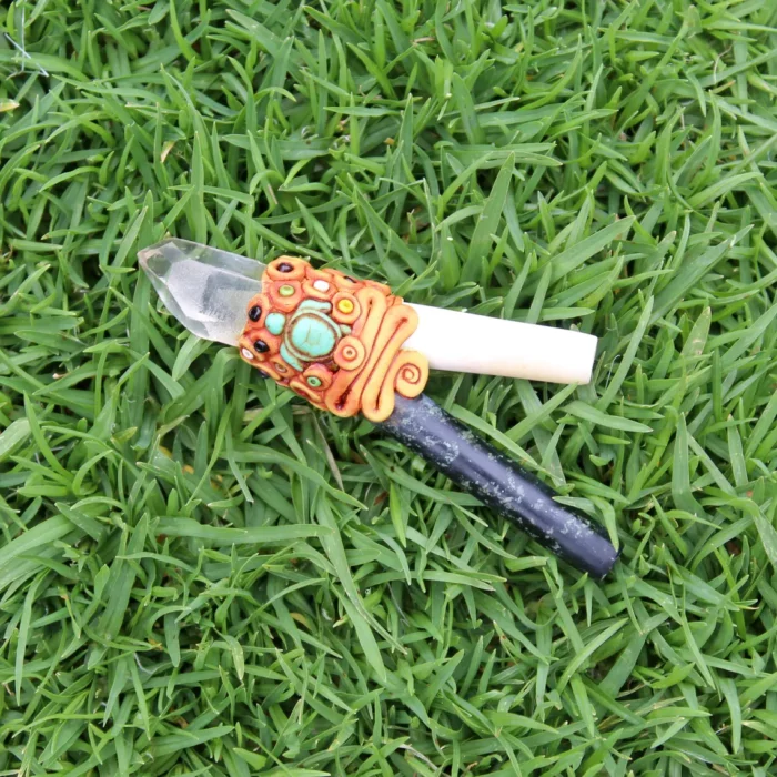 Bone and Machu Picchu Stone Kuripe Self Applicator | Decorated with Clear Quartz, Beads and Peruvian Turquoise Stone