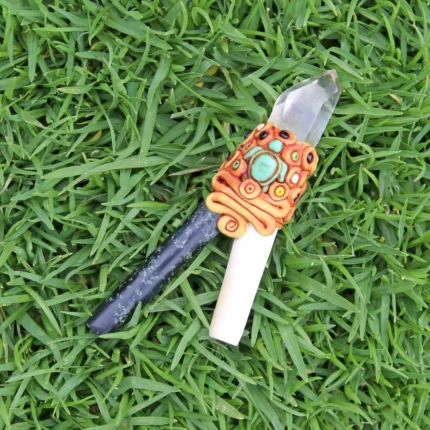 Bone and Machu Picchu Stone Kuripe Self Applicator | Decorated with Clear Quartz, Beads and Peruvian Turquoise Stone