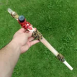 Ceremonial Pipe ( Calumet ) Made of Llama Bone | Decorated with Clear Quartz, Green Jade, Moon Stone Turtle, Snake, Jaguar and Wolf Figure