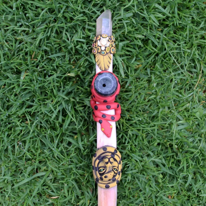 Ceremonial Pipe ( Calumet ) Made of Llama Bone | Decorated with Clear Quartz, Green Jade, Moon Stone Turtle, Snake, Jaguar and Wolf Figure