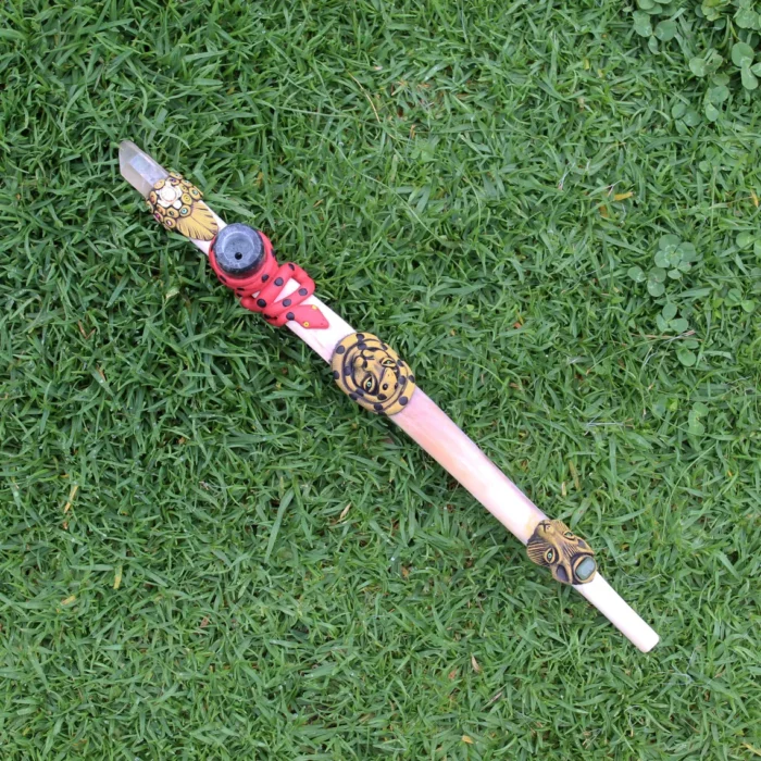 Ceremonial Pipe ( Calumet ) Made of Llama Bone | Decorated with Clear Quartz, Green Jade, Moon Stone Turtle, Snake, Jaguar and Wolf Figure