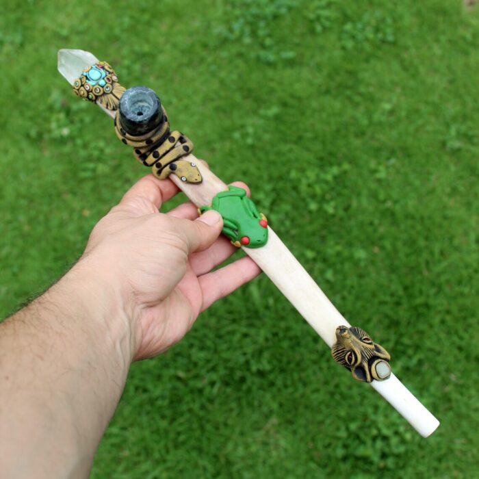 Ceremonial Pipe ( Calumet ) Made of Llama Bone | Decorated with Clear Quartz, Snake , Kambo Frog and Wolf Figure